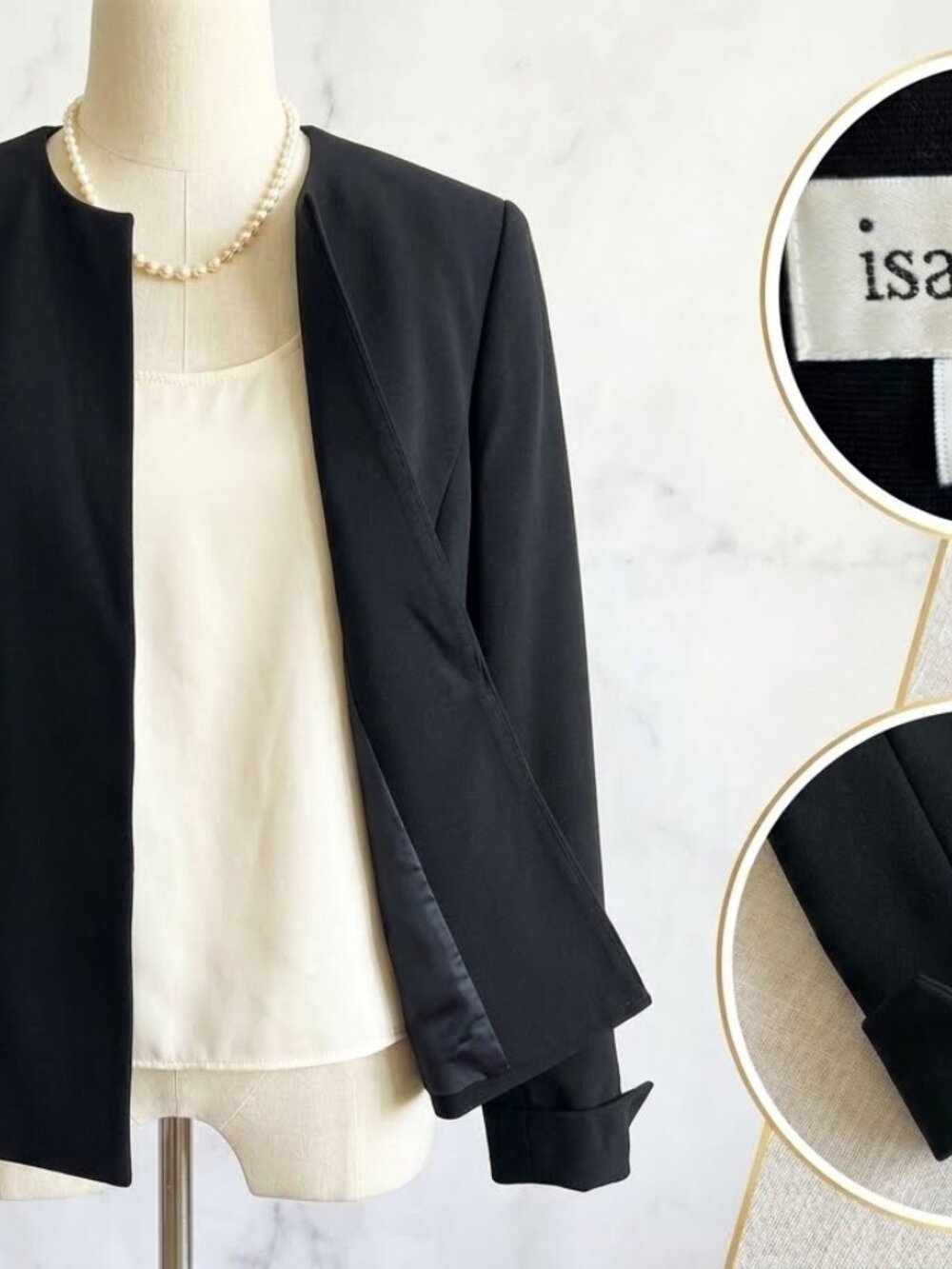 Isabella Suits Black Collarless open front Blazer Jacket Sz 14